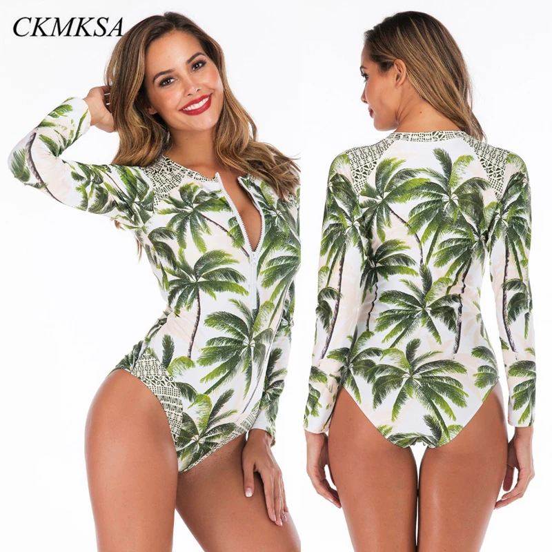 

2019 Vintage Floral Print Long Sleeve One Piece Swimsuit Zip Women Swimwear Plus Size Monokini Sport Bathing Surfing Suits Beach