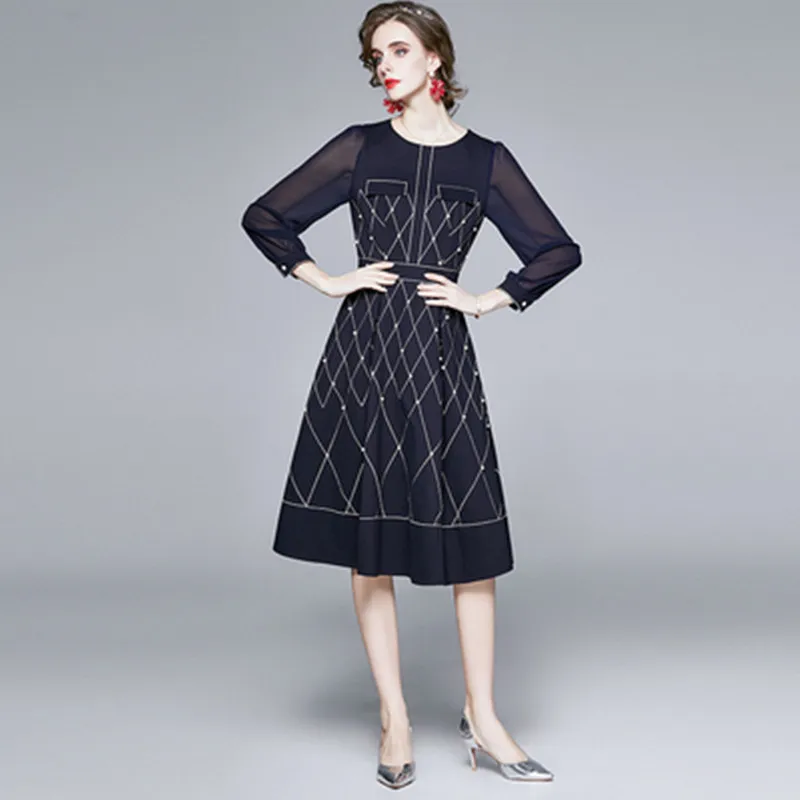 

Women Luxury Embroidery Dress High Quality Simple Elegant Beading Party Robe Femme Vintage Designer A-Line Vestidos