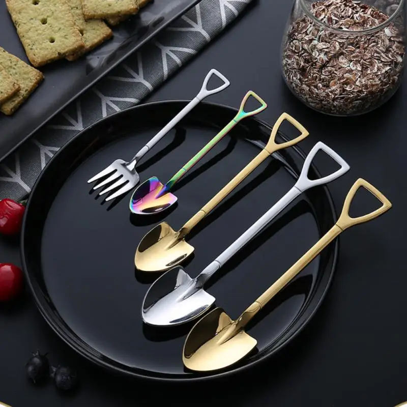 Stainless Steel Cutlery Set Creative Food-Grade Stainless Steel Coffee Ice Cream Spoons Shovel Shape Multi-Color Long Handle Fork Teaspoons Kitchen Tool