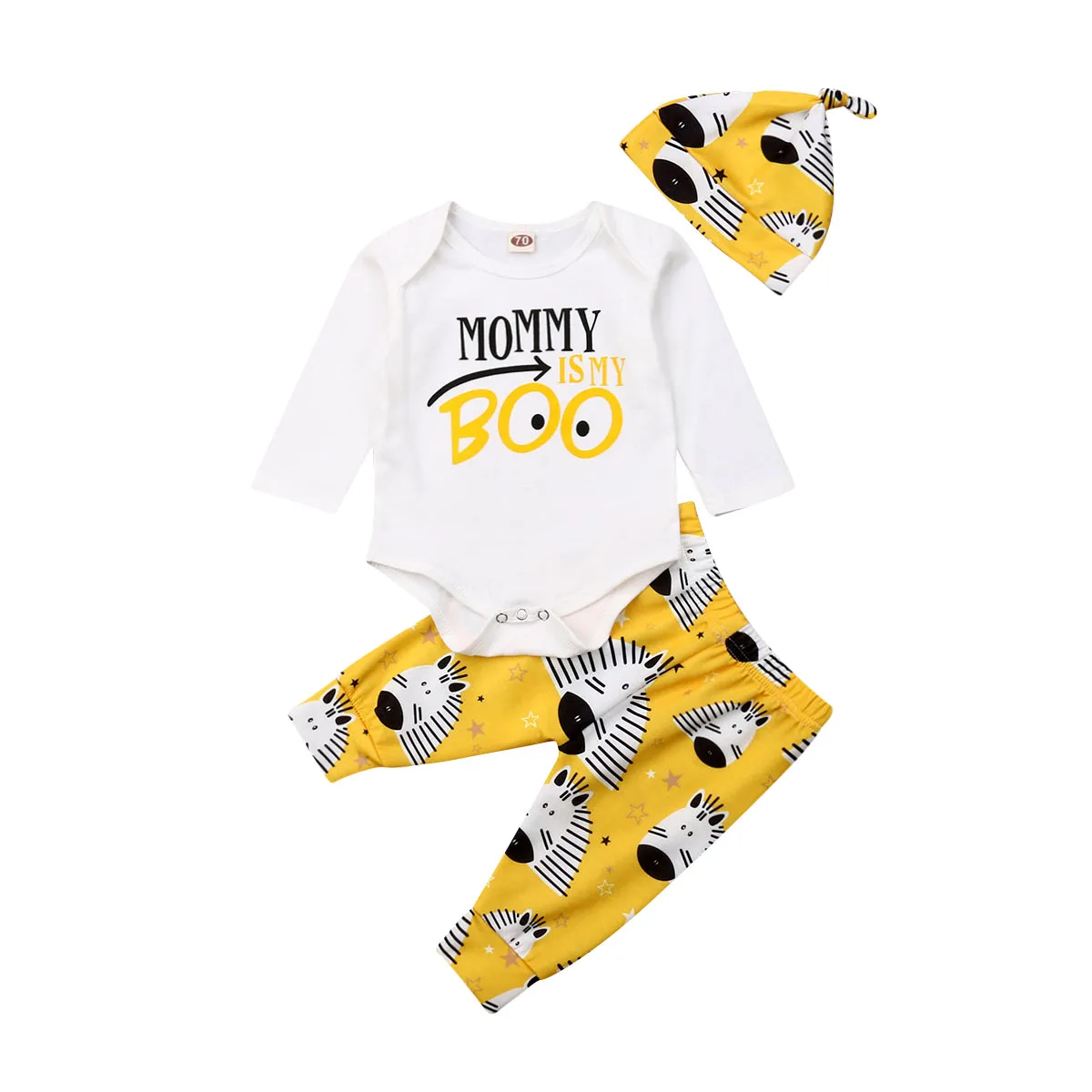 3PCS Newborn Kids Baby Girl Boys Outfits Clothes Sets Cartoon Print Romper+Zebra Pants Hat Set | Детская одежда и обувь