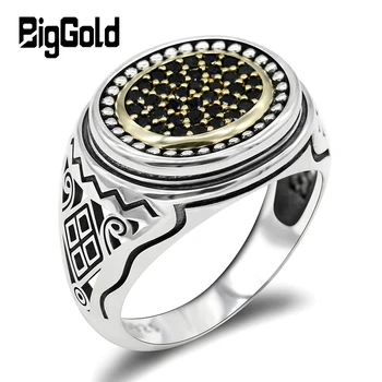 

925 Sterling Silver Men Ring With Black CZ Oval Shape Hollow Carved Geometric Rings Turkey Jewelry for Men Punk Fashion Ring