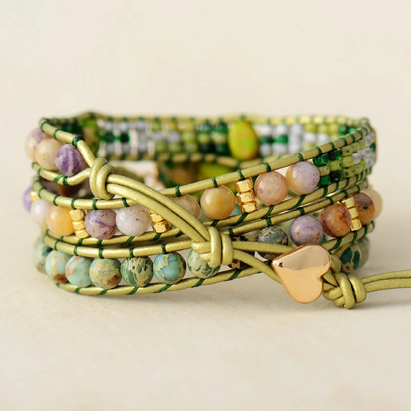 Premium Spiritual Heart Shape Leather Wrap Bracelets W/ Mix Stone Jaspers Beads Strand Bracelet Classic Jewelry Bijoux Dropship