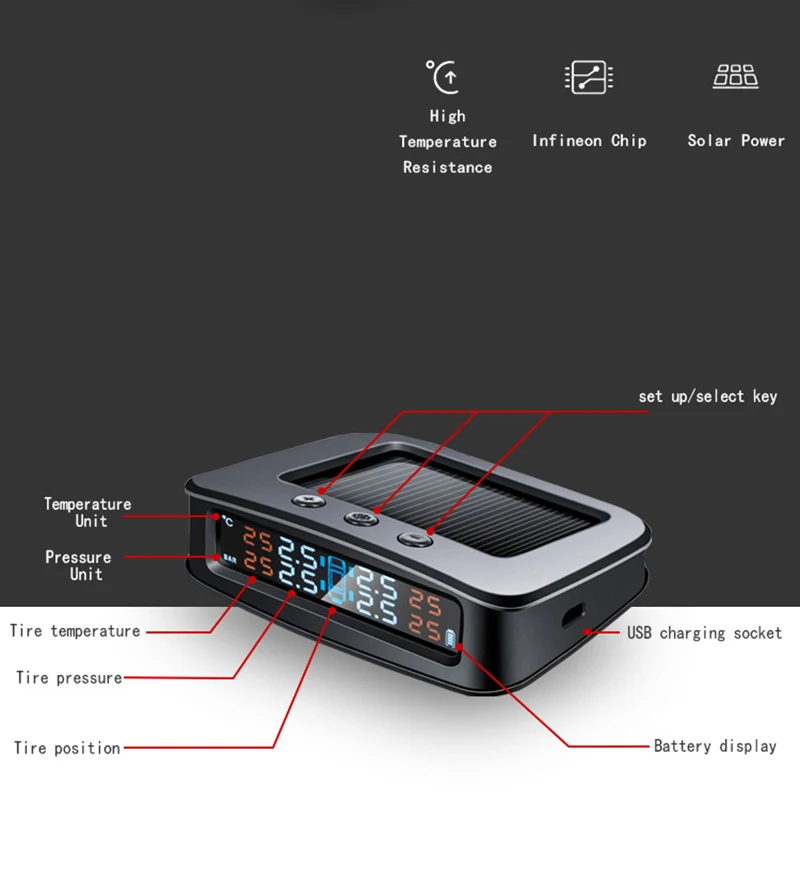 Система контроля давления в шинах, умная солнечная система TPMS, сигнализация давления в шинах, цифровой ЖК-дисплей, цветной дисплей, автоматическое защитное давление в шинах
