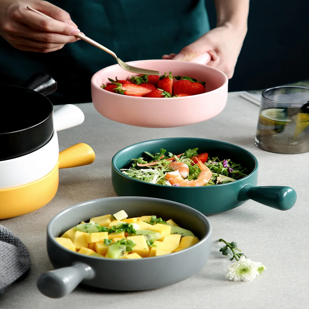 

Baking pan with handle for the oven Ceramic baking bowl Fruit salad bowl Baking tray Drinkware Breakfast bowl pan plate Celadon