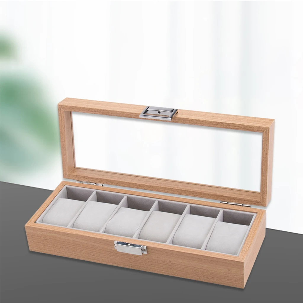 6 Slots Watch Display Case Wooden Glass Top Jewelry Storage Organizer Box