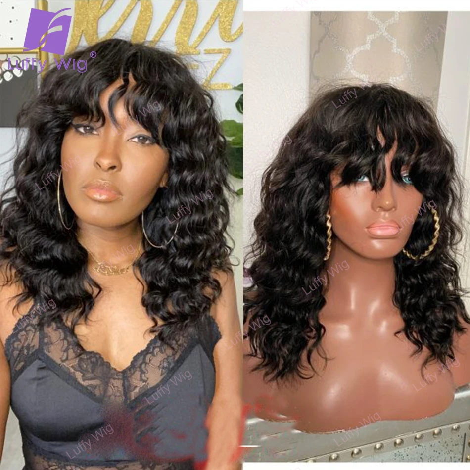 Glueless Loose Wave Human Hair Wigs With Bangs Brazilian Remy Hair O Scalp Top Machine Wig 200% Density For Black Women Luffy