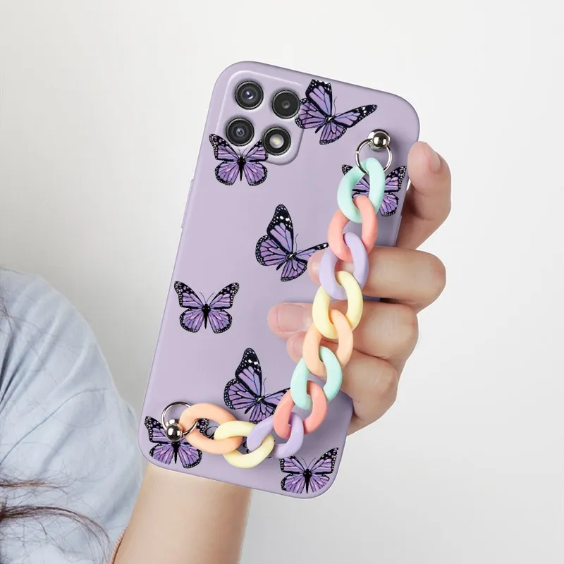 samsung cute phone cover For Samsung A22 Case Phone Back Cover For Samsung Galaxy A22 4G 5G GalaxyA22 A 22 Bumper Soft Silicone Wrist Chain Fundas Flower silicone case for samsung
