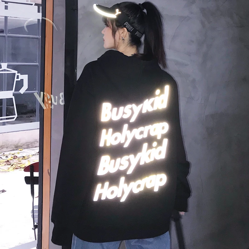 Harajuku Reflective Women Hoodie letter print Winter fashion Solid color hip-hop streetwear night shiny pullovers clothes
