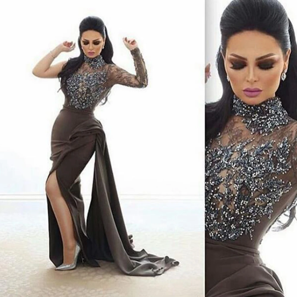 2020 Mermaid Women Long Prom Dress Beading Side Slit High Neck Crystal Beaded Quality One Shoulder vestidos de gala Gray | Свадьбы и