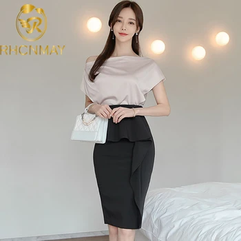

New Office Ladies 2 Piece Set Summer Women Slash Neck Off Shoulder Short Sleeve Blouses + Knee length Bodycon Ruffles Skirt Set