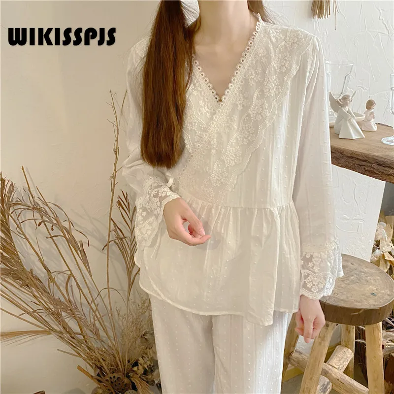 

WIKISSPJS 2022 Autumn New Sweet Princess Style Long Sleeved Cardigan Lace Lace Pajama Suit Home Clothes Women Loungewear Pjs
