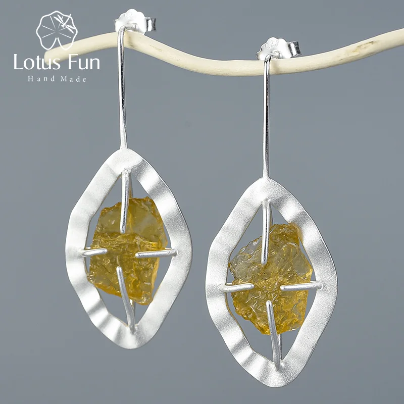 Lotus Fun Натуральный Необработанный Камень Турмалин висячие серьги Настоящее серебро 925 проба 18 К золотые серьги для женщин ручной работы ювелирные украшения - Цвет камня: Silver Yellow