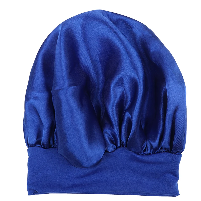Royal 1pcs Fashion New 58cm Solid Color Women Satin Bonnet Cap Night Sleep Hat Adjust Shower Caps - Цвет: Royal