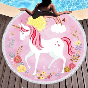 

Cartoon Unicorn Round Beach Towels Microfiber luxury Beach Towel with Tassle kids With Tassels Thick Terry Cloth