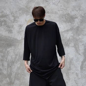 

Men Oversize Loose Dark Black Tshirt Pleated Design Casual T Shirt Male Streetwear Hip Hop Punk GothicTees Shirts