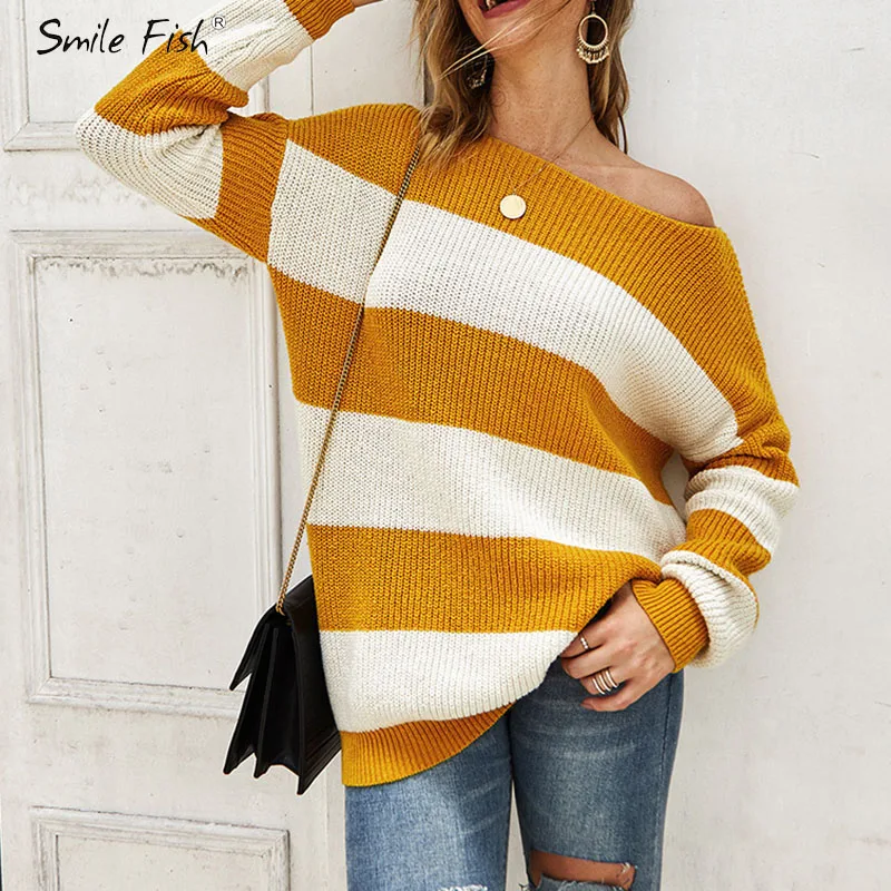 

Casual Loose Striped Elegant Pull Femme Women Sweaters Long Sleeve Pullovers 2019 Autumn Winter Knitted Sweater Clothes GV904