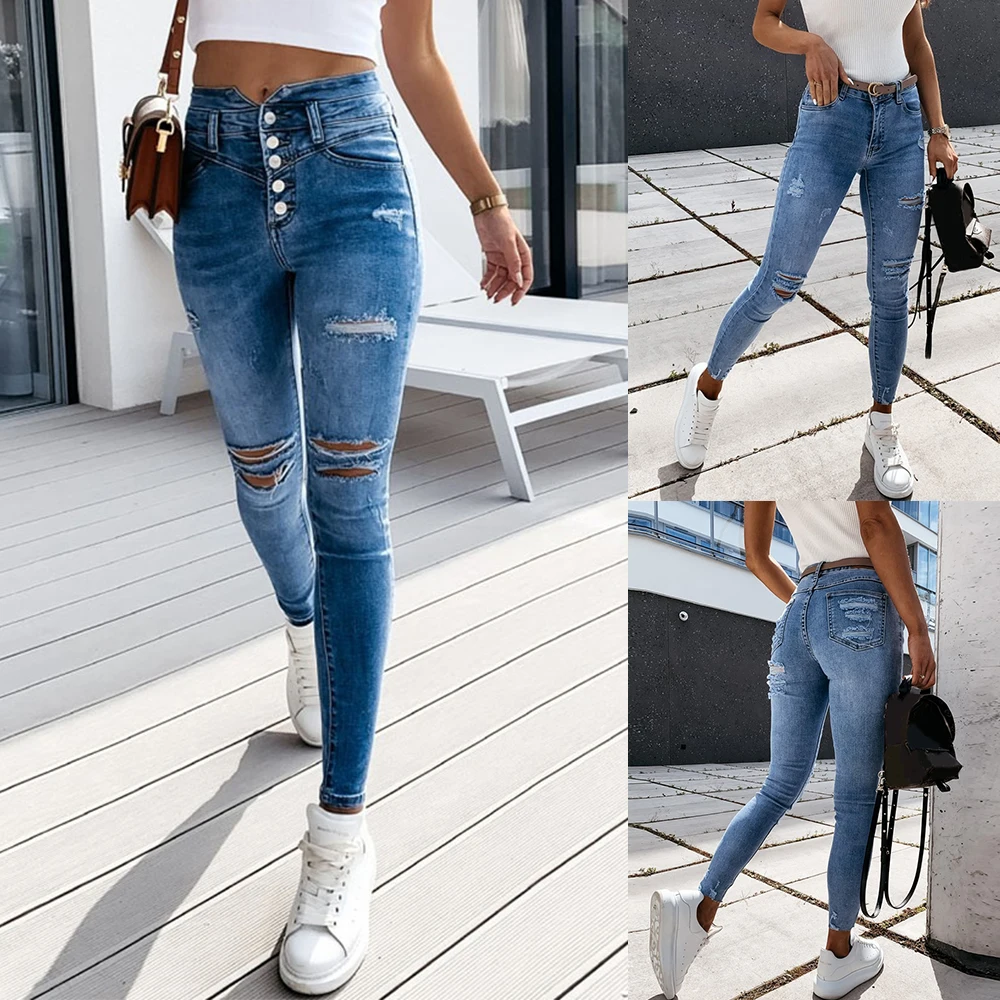 

Autumn Women Pencil Jeans Pants Blue Ripped High Waist Button Slim Fit Skinny Female Jean 2020 Fashion Ankle-Length Pants D30