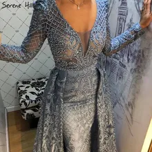 Синие кружевные Роскошные вечерние платья с длинным рукавом Дубай с v-образным вырезом Кристальные Сексуальные вечерние платья Русалка размера плюс LA70159