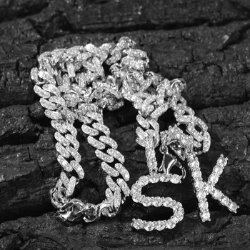 

Hip Hop Custom Name Bracelet Necklace ZIrcon Letters with 8MM Rhinestone Cuban Chain Bracelet Rock Necklace Jewelry