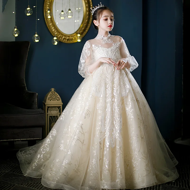 

Girl A-line Tulle Dresses Gown Champagne Exquisite Sequins Bling Long Wedding Dress Girls Formal Wear