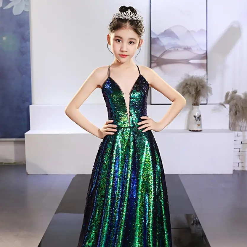 US $103.53 HIghEnd Sequines Girl Princess Sling Dress Flower Girl Birthday Party Catwalk Evening Gown Sexy Shouderless Dress For Girl L105