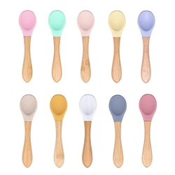 Pour Bébé, Cuillère en Silicone et Manche en Bois, Couvert pour Alimentation des Tout Petits, Douce et Biologique, sans BPA, pour Nourriture Solide, Qualité Alimentaire, Joli Cadeau 