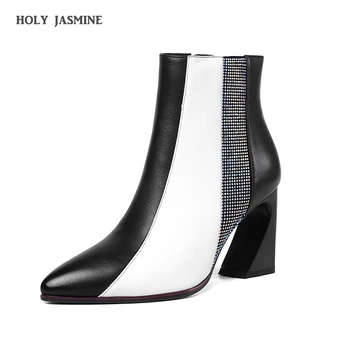 

2020 wild pointed British wind Martin boots ladies thick with bare boots color matching high heel boots women Genuine Leather