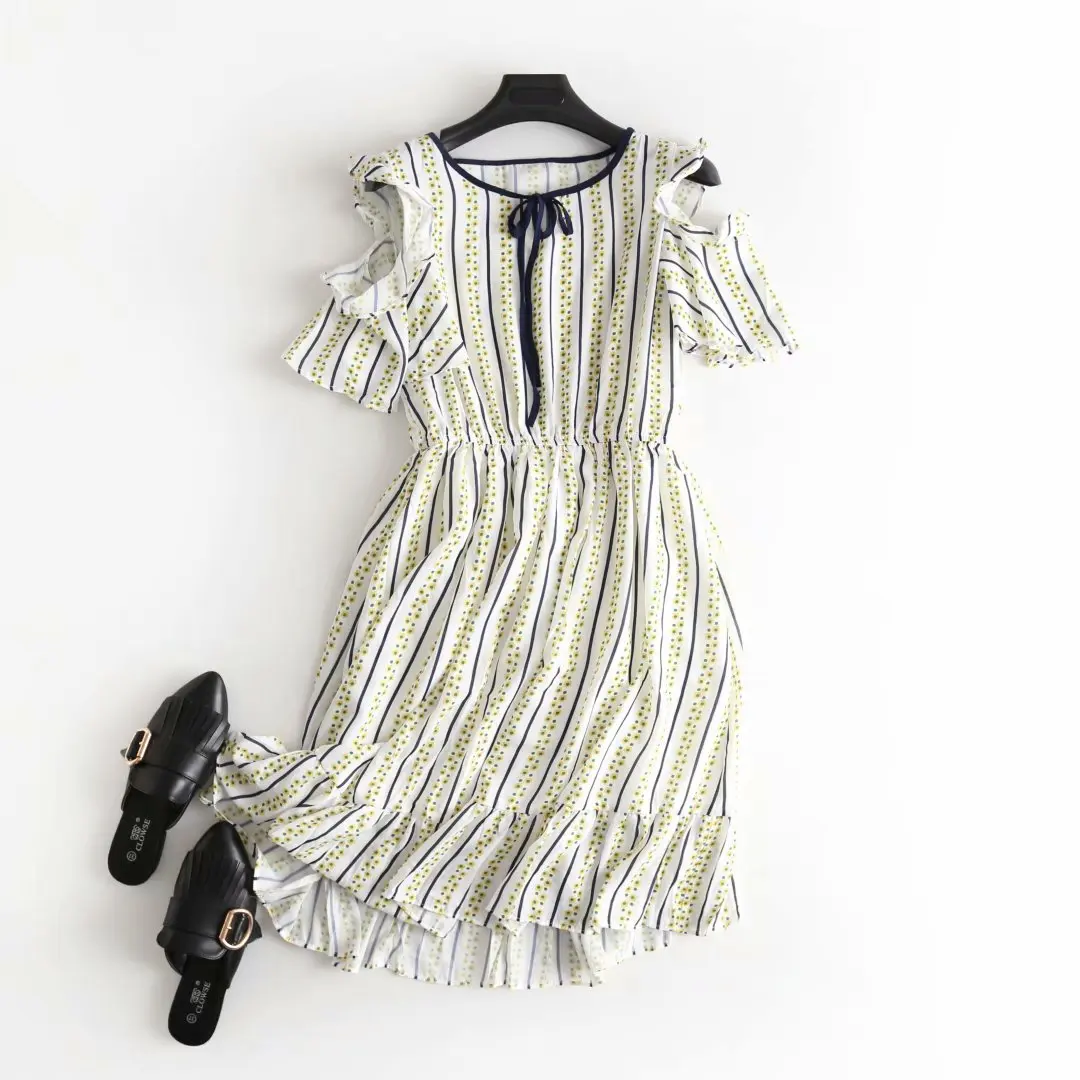 

Printed Medium-length Dress Summer New Style Boutique WOMEN'S Dress V-neck off-Shoulder Bearing Sleeve Waist Hugging Elegant Chi