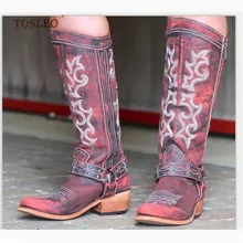 Модные женские сапоги до колена; зимние сапоги на среднем каблуке высокого качества; цвет синий, хаки, красный; размеры 34-43