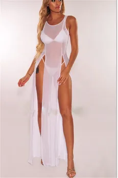 

2019 Sexy Women Solid Sheer Mesh Beachwear Sleeveless O-Neck Swimwear Bikini Beach Wear Cover Up Summer Maxi Dress