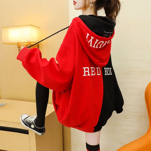 Cute Patchwork Sweatshirt Autumn Hooded Hoodie Streetwear Women Red  Oversized Hoodies Casual Kawaii Winter Japan Sweatshirt Girl - AliExpress