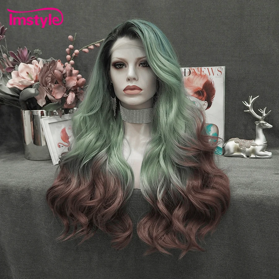 Imstyle Synthetic Lace Front Wig Ombre Green Reddish Wig Long Natural Wavy Wigs For Women Dark Root Heat Resistant Fiber