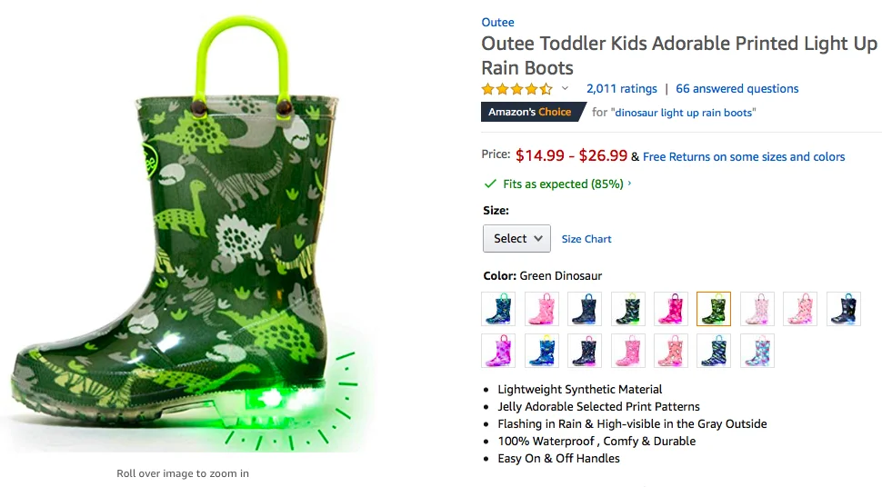 Outee Adorable Printed Light Up Rain Boots for Little Kids