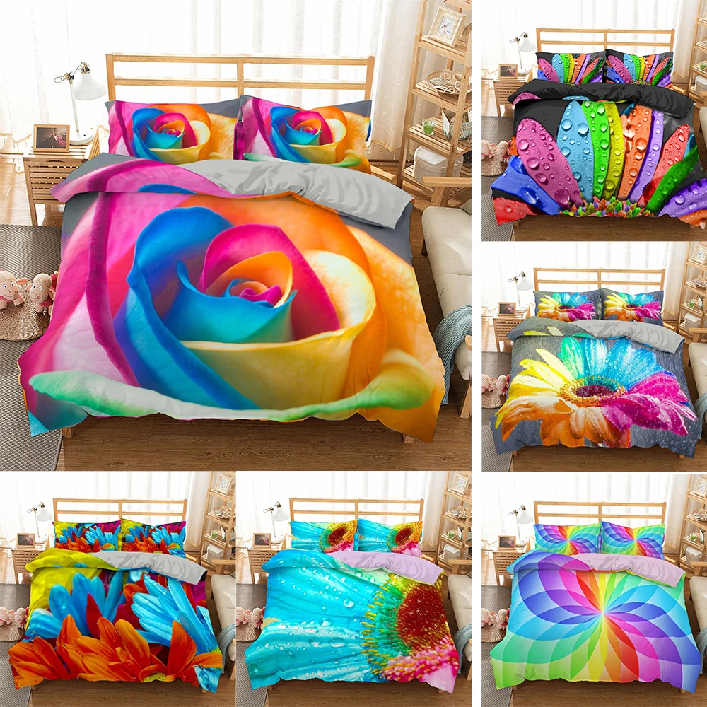 

3-4Pcs/Set 3D Rainbow Colorful Rose Flower Printing Pillowcase Quilt Cover Wedding Bedding Set Bedspread Bedclothes