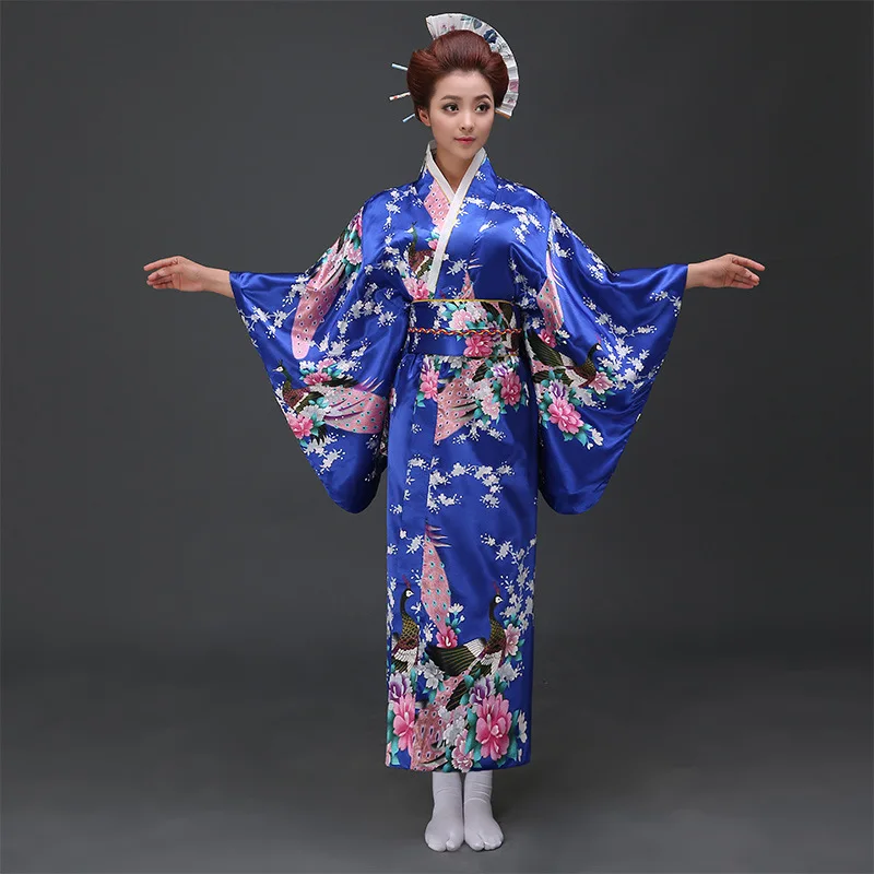 Kimono Dress Japanese Kimono Traditional Print Yukata Women Japan National Style Coat Kimono Cosplay Costume Sexy Asian Clothing - Цвет: Синий