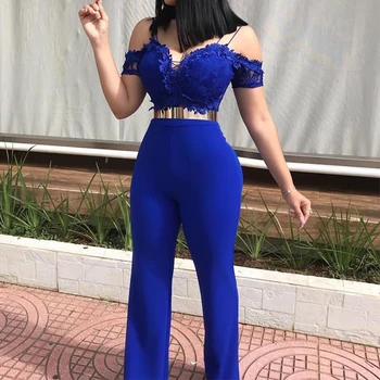 

Lace Appliques Strap Sexy Nightclub Jumpsuits Plus Size Summer V Neck Sleeveless Women Blue Pink Sweet Casual Overalls Backless