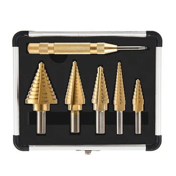 

5Pcs Titanium Step Drill Bit Set With Automatic Center Punch, 50 Sizes In 5 Steel Drill Bits Set For Sheet Metal With Aluminum C
