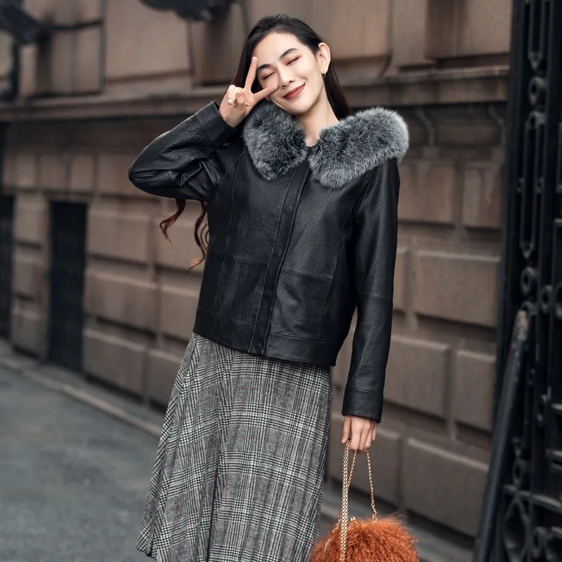 

Пуховик женский из натуральной кожи, короткий, Осень-зима, 2020