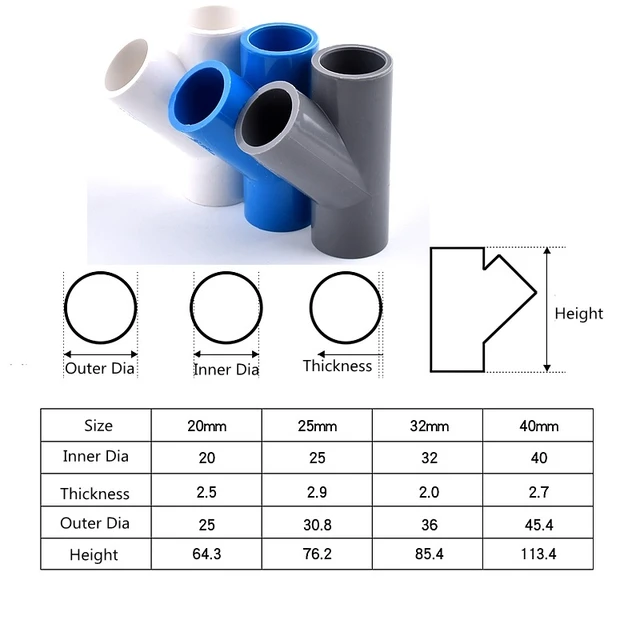 1~10PCS I.D 20/25/32/40mm PVC Oblique Tee 45 Degree Connector