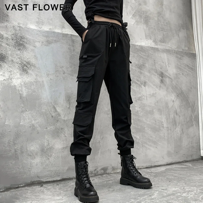

Black Patchwork Pockets Vintage Cargo Pants Women New High Waist Drawstring Fashion Streetwear Loose Casual Trousers Spring 2021