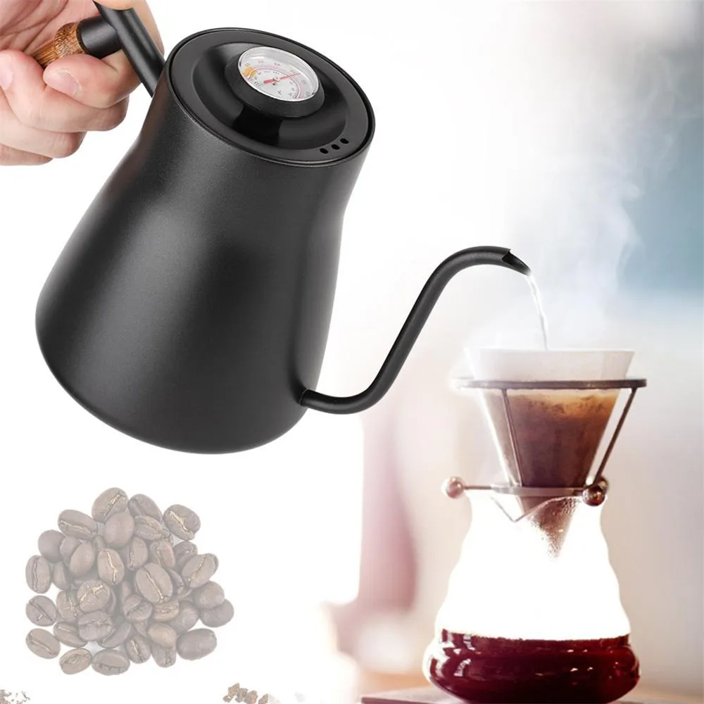 

850ml Stainless Steel Drip Over Coffee Pot With Thermometer Lid Pouring Drip Spout Teapot Moka Coffee Kettle with Wooden Handle