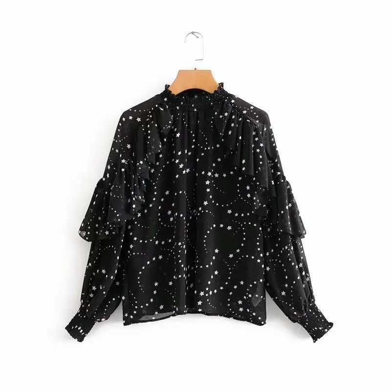 

Women Autumn Ruffles Long Sleeve Smock Tops Office Lady Casual Black Printing Shirt Star Pattern Chiffon Tops