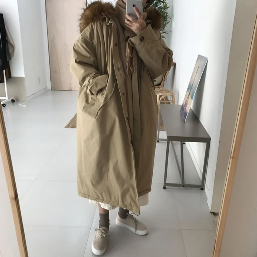

South Korea Winter Retro Loose-Fit Mid-length Hooded Large Fur Collar Zipper Thick Warm Workwear Cotton Coat Cotton-padded Cloth