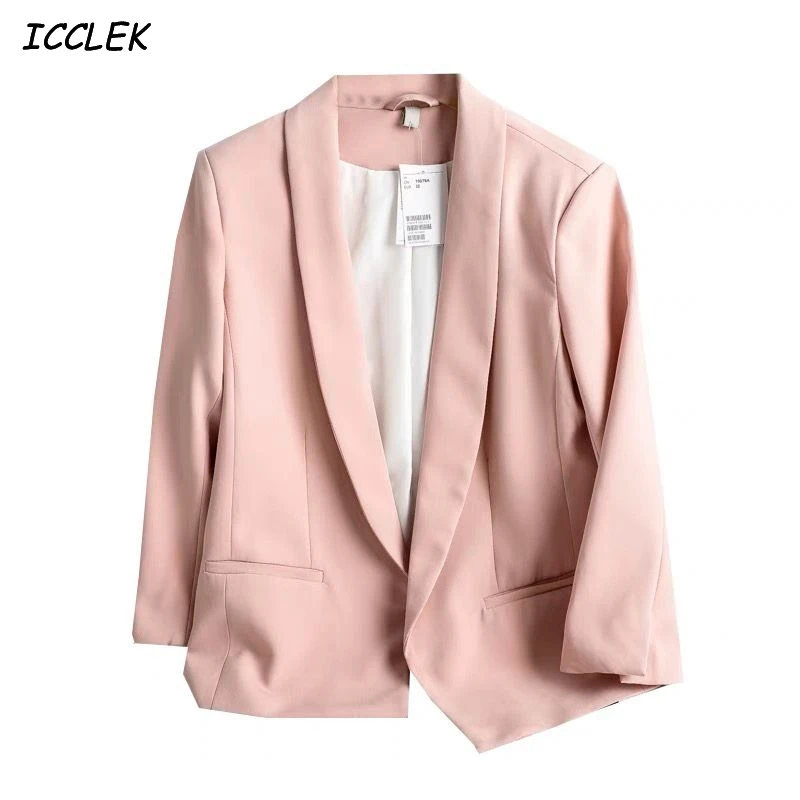 Icclek Women's Pink Blazers Office Formal Ladies Jackets Female Long Sleeves Coats Pockets Outerwear Skinny Elegant Solid