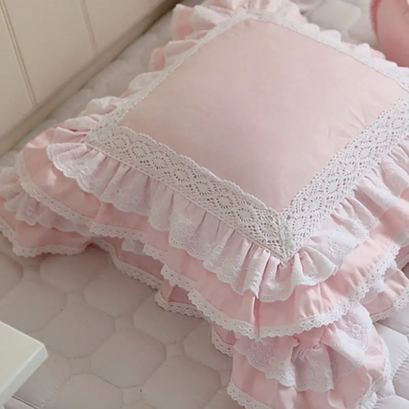Pink European embroidered cushion cover ruffle Lace Satin cotton pillow