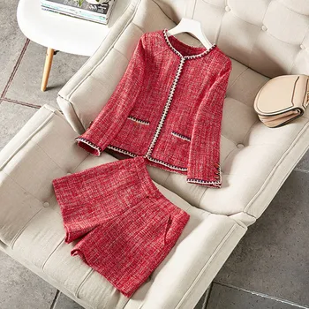 

Tweed Short Suits Women 2020 New Arrival Autumn Winter 2 Two Piece Set Wool Woolen Luxury Blazer Jacket Coat Tops Shorts Outfits