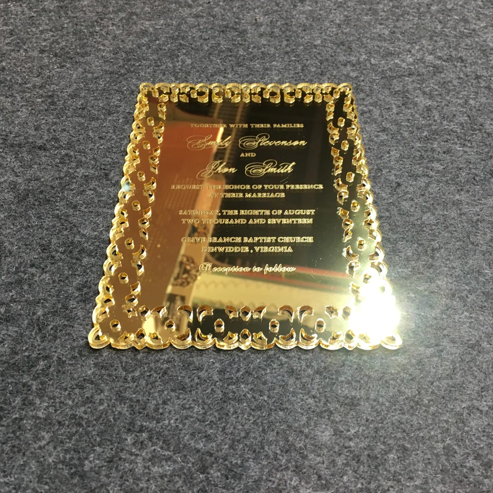 15 Pieces Per Lot Hollow Out Style Golden Mirror Acrylic Invitation Cards Laser Engraved Letters SH - 4.0002E+12