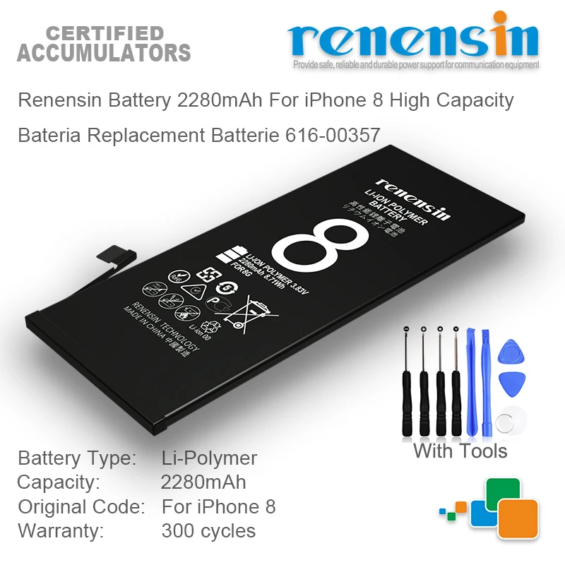 

Renensin Battery 2280mAh For iPhone 8 High Capacity Bateria Replacement Batterie 616-00357