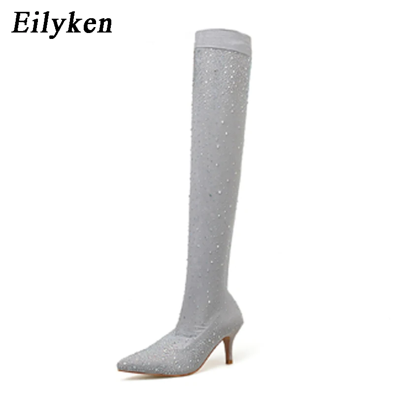 Eilyken/ г. Модные Подиумные Клубные ботинки с кристаллами стелька из эластичной ткани женские ботфорты с острым носком на каблуке 7, 12 см - Цвет: Gray  7CM