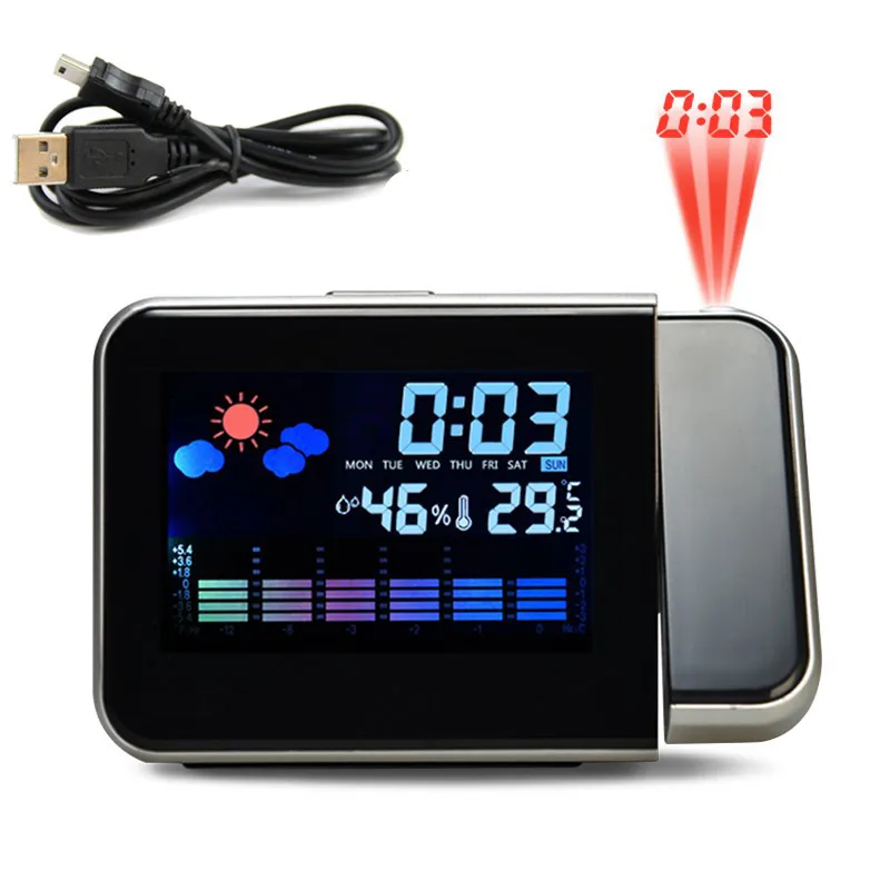 Time Projection Digital Alarm Clock With Weather Station Thermometer Calendar Date Display Changing Snooze LED Digital Clock